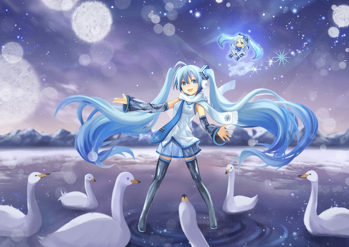 Hatsune Miku from Vocaloid with Swans