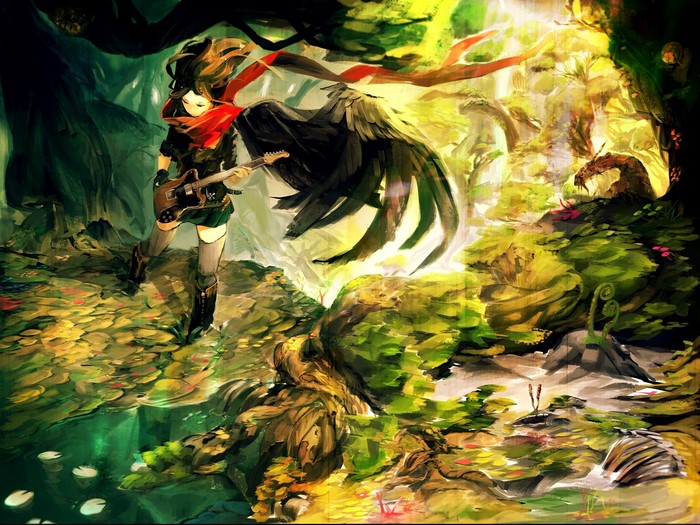 Girl with wings playing guitar in a forest