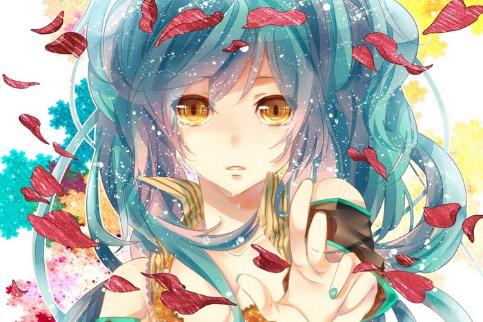 Anime girl with blue hair and petals