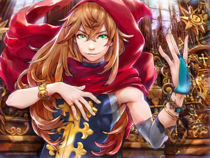 Young man with red hood and green eyes