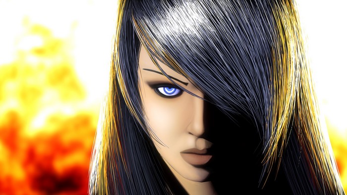 Brunette girl with blue eyes and dark hair