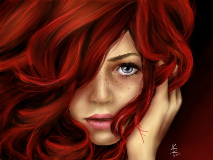Painting of a redhead girl with blue eyes