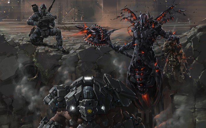 Soldier, Mech, and Monsters in Ruined City