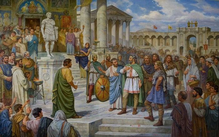 Roman Emperor addressing a crowd with a statue of himself