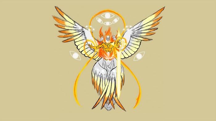 Angelic being with wings and multiple eyes