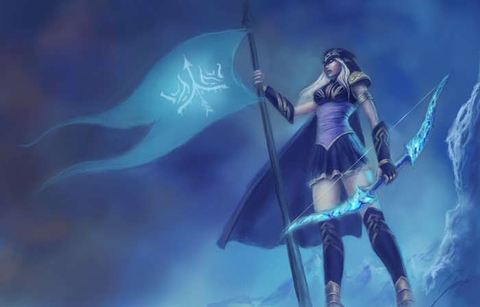 Ashe from League of Legends holding a flag and bow