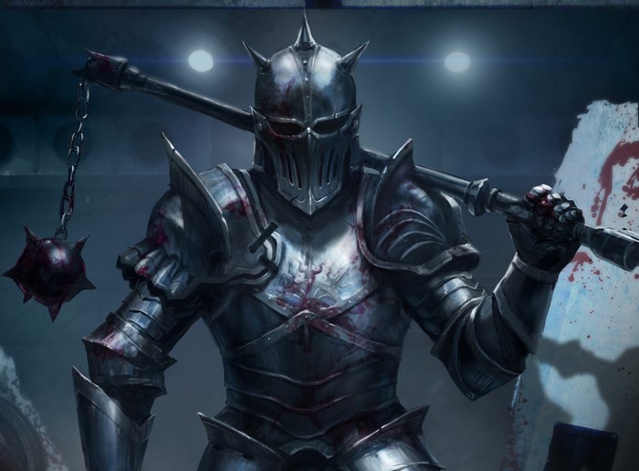 Knight in bloody armor holding a flail