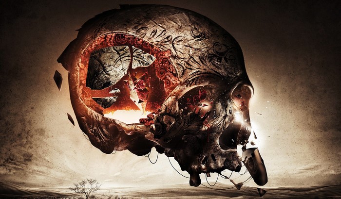 Surreal exploding skull with tribal markings