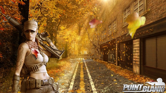 Woman with assault rifle in autumn Point Blank