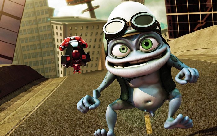 Crazy Frog on a road with a vehicle in the background