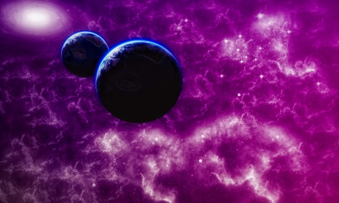 Two planets in a violet nebula with a distant galaxy