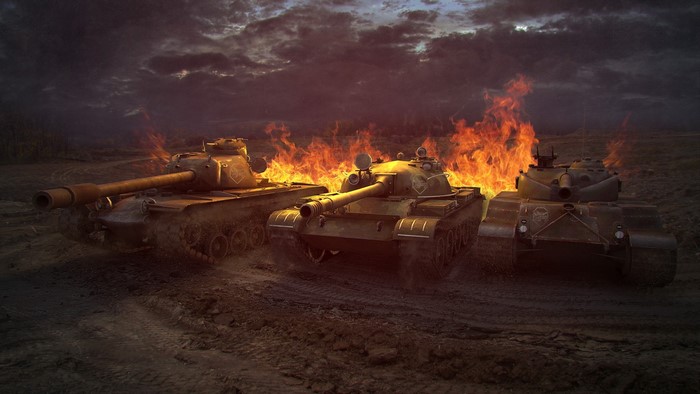 T-62A, Bat Chatillon 25 t, T110E5 tanks in fire