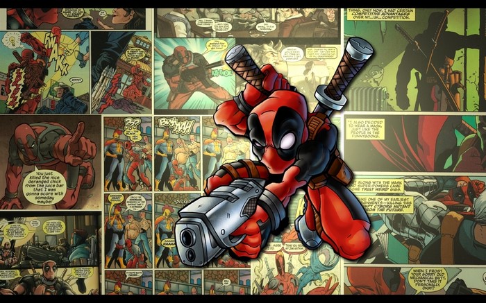 Deadpool with Guns and Swords Comic Collage