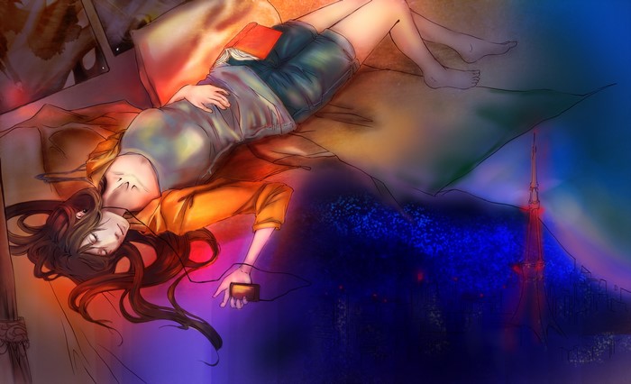 Brown haired girl in shorts listening to music