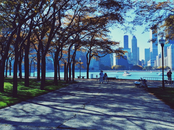 Chicago City Skyline and Park Path