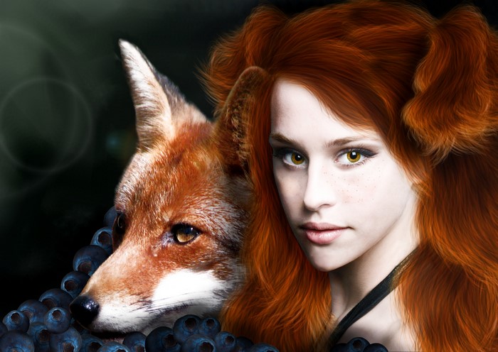 Redhead girl with fox and blueberries