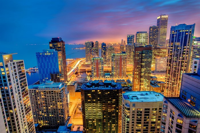 Chicago City Skyline at Night from Above