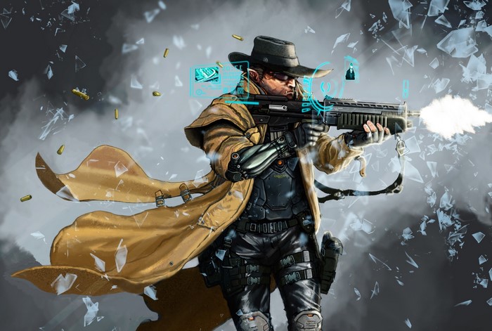 Man in hat firing assault rifle with shattered glass
