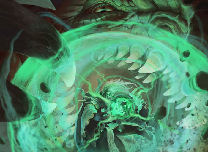 Wizard casting a spell in front of a monster's mouth
