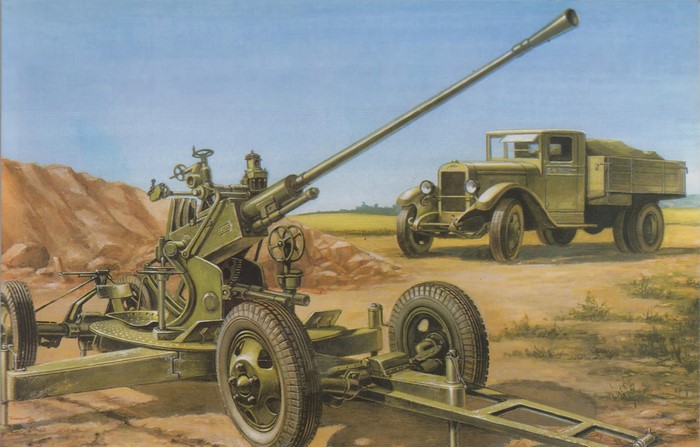 Painting of a military anti-aircraft gun and truck