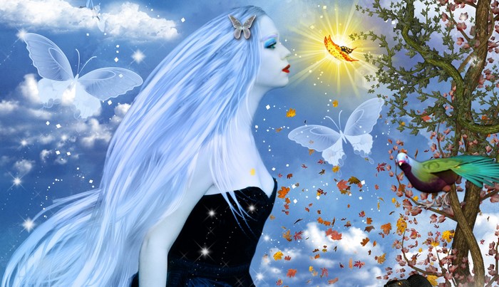 Fantasy woman with long blue hair and butterflies