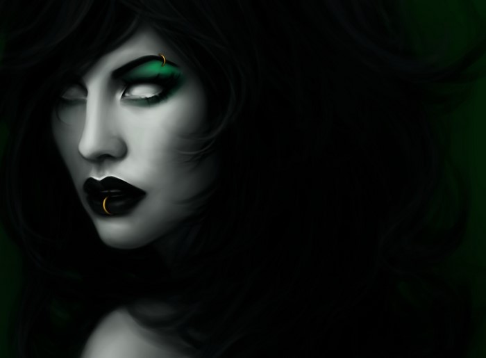 Gothic Fantasy Woman with Green Eyeshadow and Black Lips