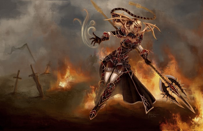 Warrior woman with blonde hair and a staff in a fiery battlefield