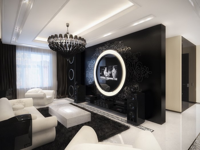 Luxury living room with modern chandelier and sofa