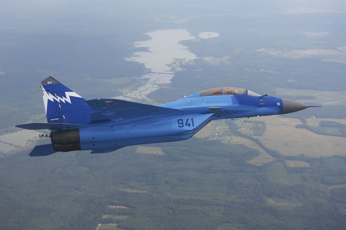 Blue Mikoyan MiG-29 Fighter Jet in Flight