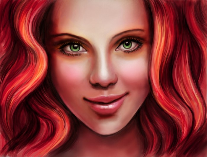 Painting of a redhead woman with green eyes