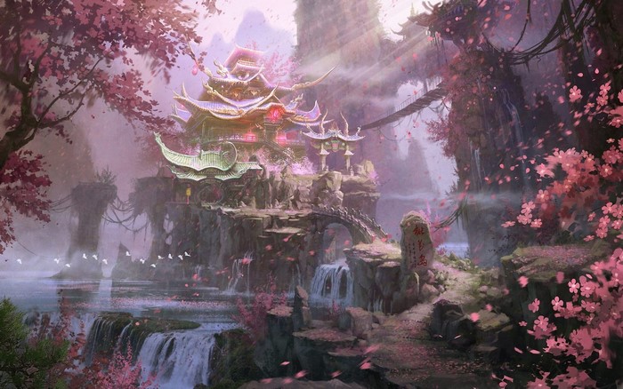Fantasy landscape with traditional Asian architecture and cherry blossoms
