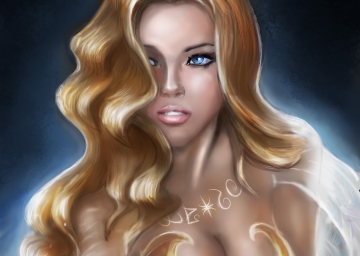Painting of a blonde woman with blue eyes