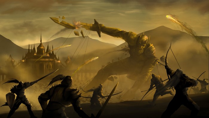 Giant monster attacking a castle with archers and knights