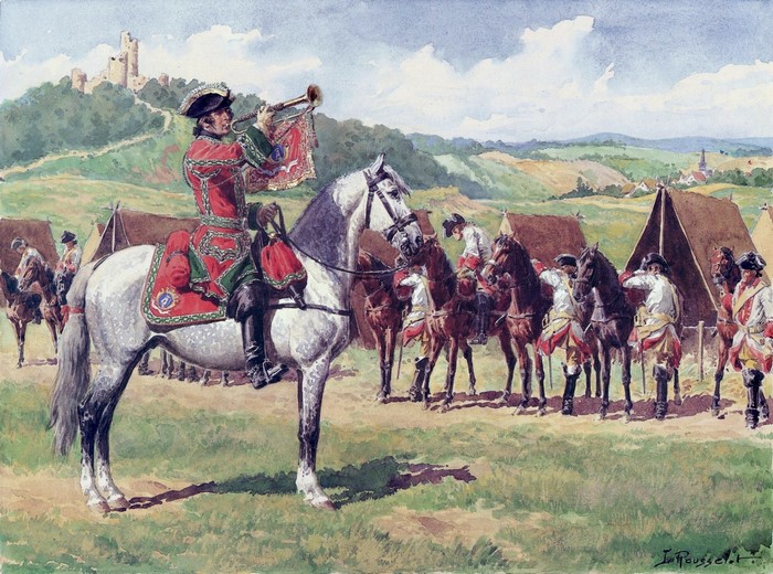 Soldiers on horseback with a bugler in a military camp