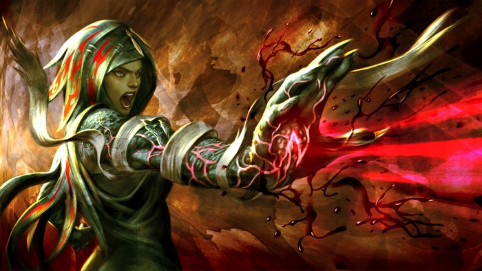 Woman casting a spell with glowing red energy