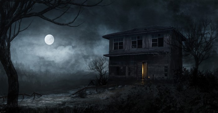 Haunted Gothic House at Night with Moonlight