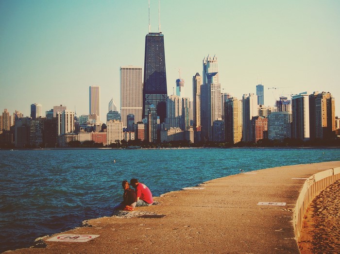 Couple on Chicago Coastline with City Skyline