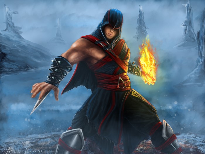 Assassin from Assassin's Creed with fire and hidden blade