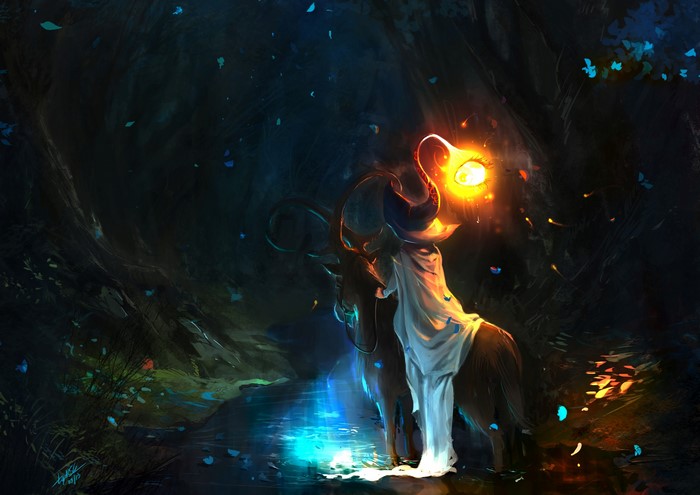 Magical creature with a lantern in a dark forest
