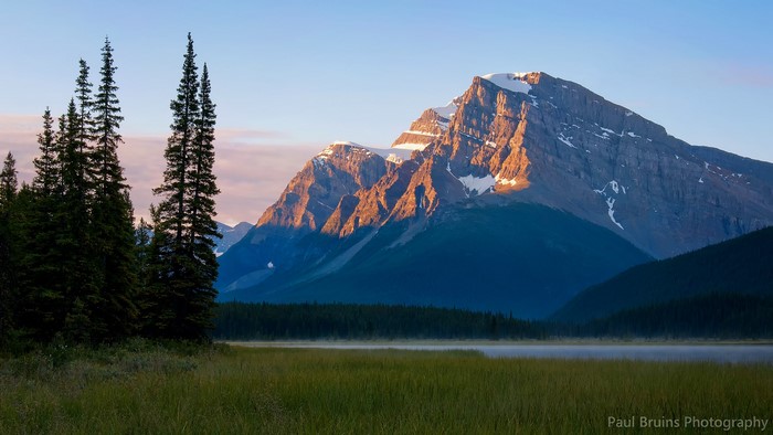 Mountain peak at sunrise over Waterfowl Lakes, Banff National Park