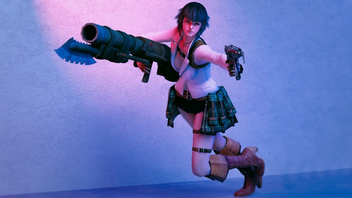 Lady from Devil May Cry holding a grenade launcher and pistol