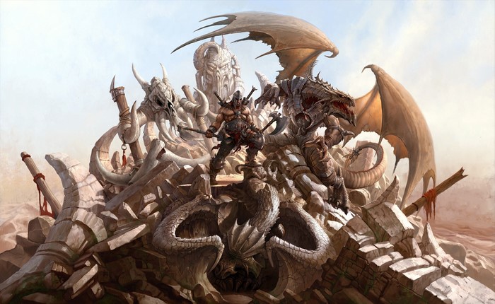 Warriors and Dragon amidst ancient ruins