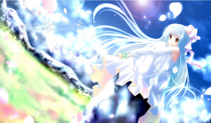 Anime girl with blue hair in white dress