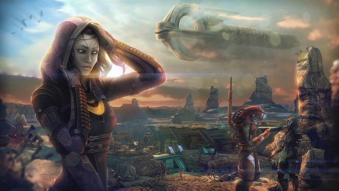 Tali Zorah from Mass Effect with Normandy in background