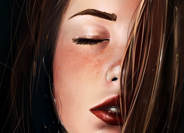 Painting of a woman with brown hair and red lips