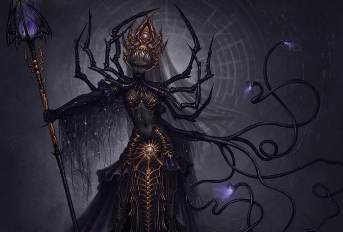 Dark spider-like sorceress with staff and snake-like tendrils
