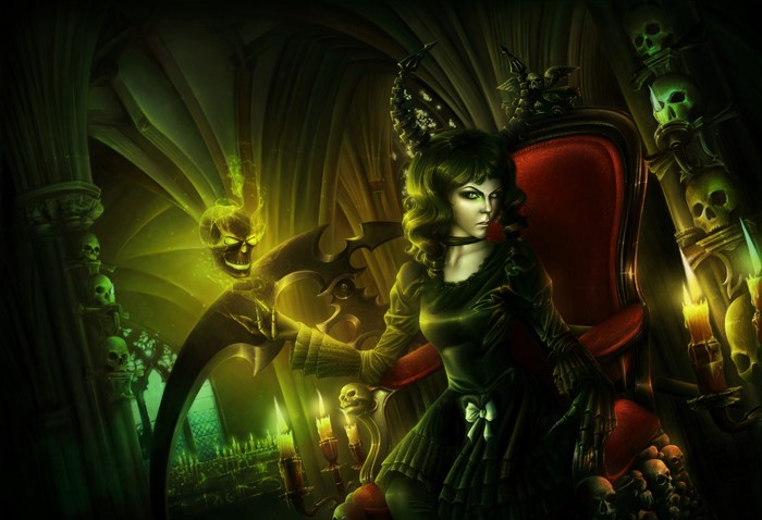Gothic woman on throne with grim reaper