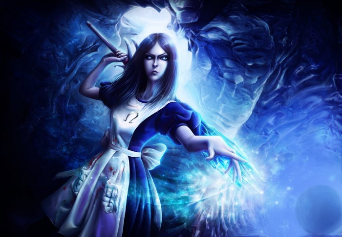 Alice from American McGee's Alice holding a weapon