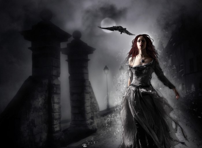 Gothic Fantasy Redhead Girl in Dress at Night