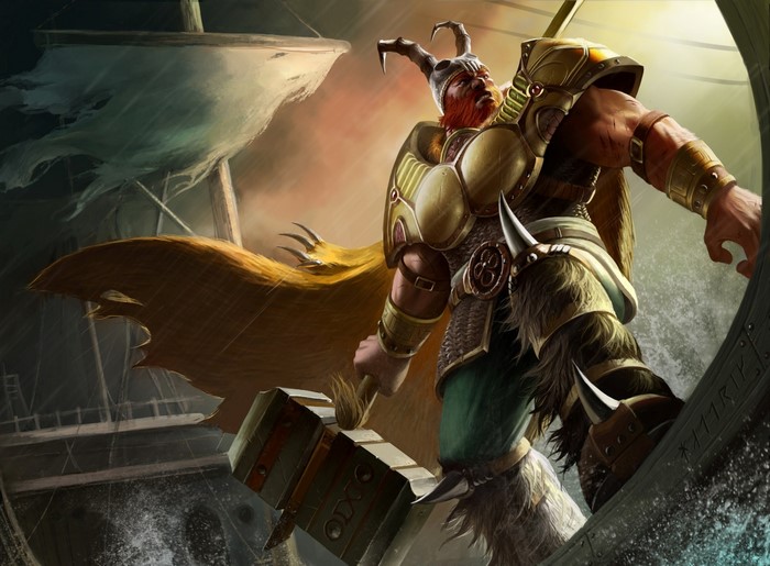 Viking warrior with war hammer on a ship